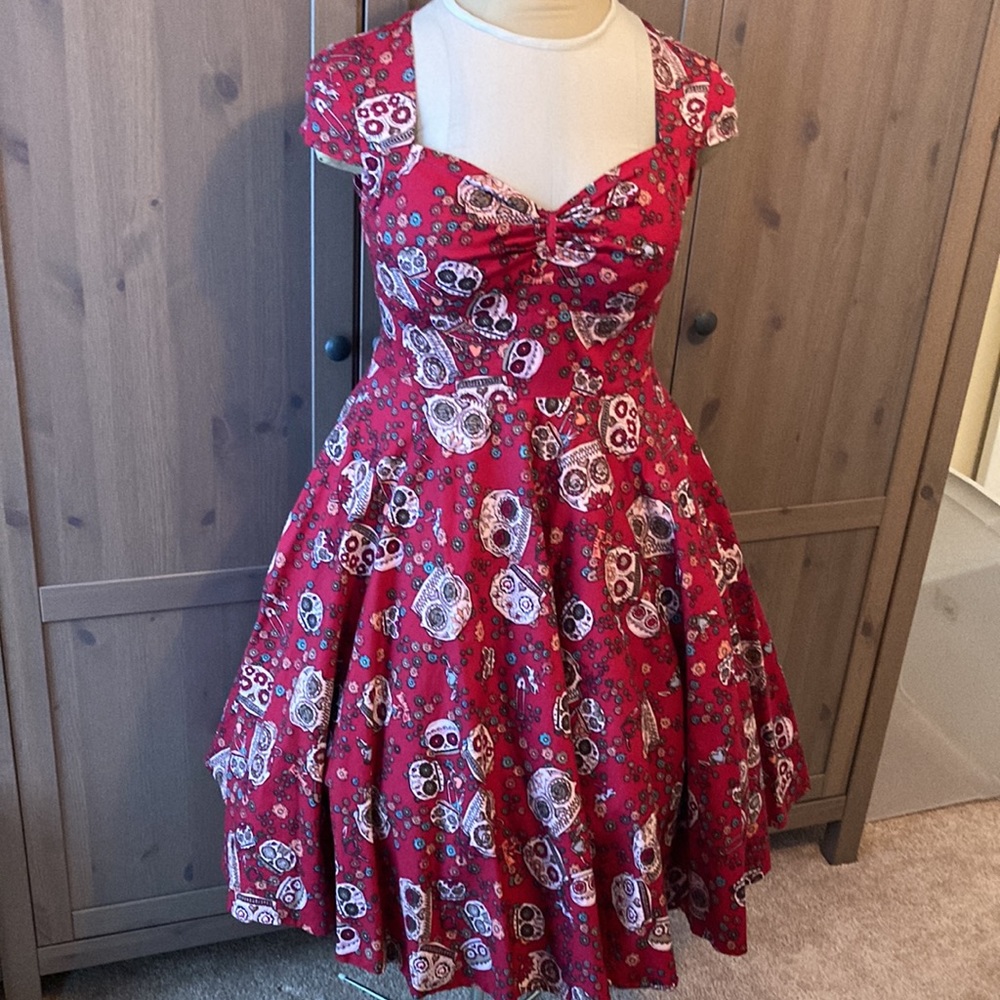 Hell Bunny vintage Sugar Skull dress- L red dia de los muertos